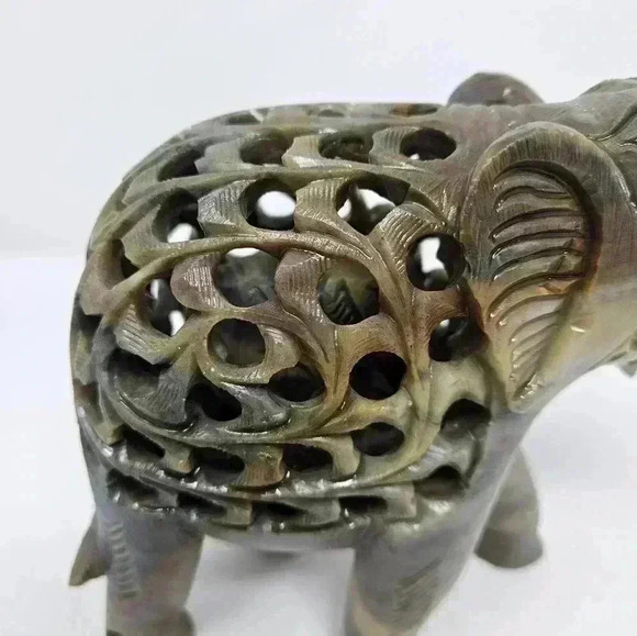 Hand Carved Soapstone Stone Elephant Baby Inside Green Figurine Natural Colors - Picture 6 of 9